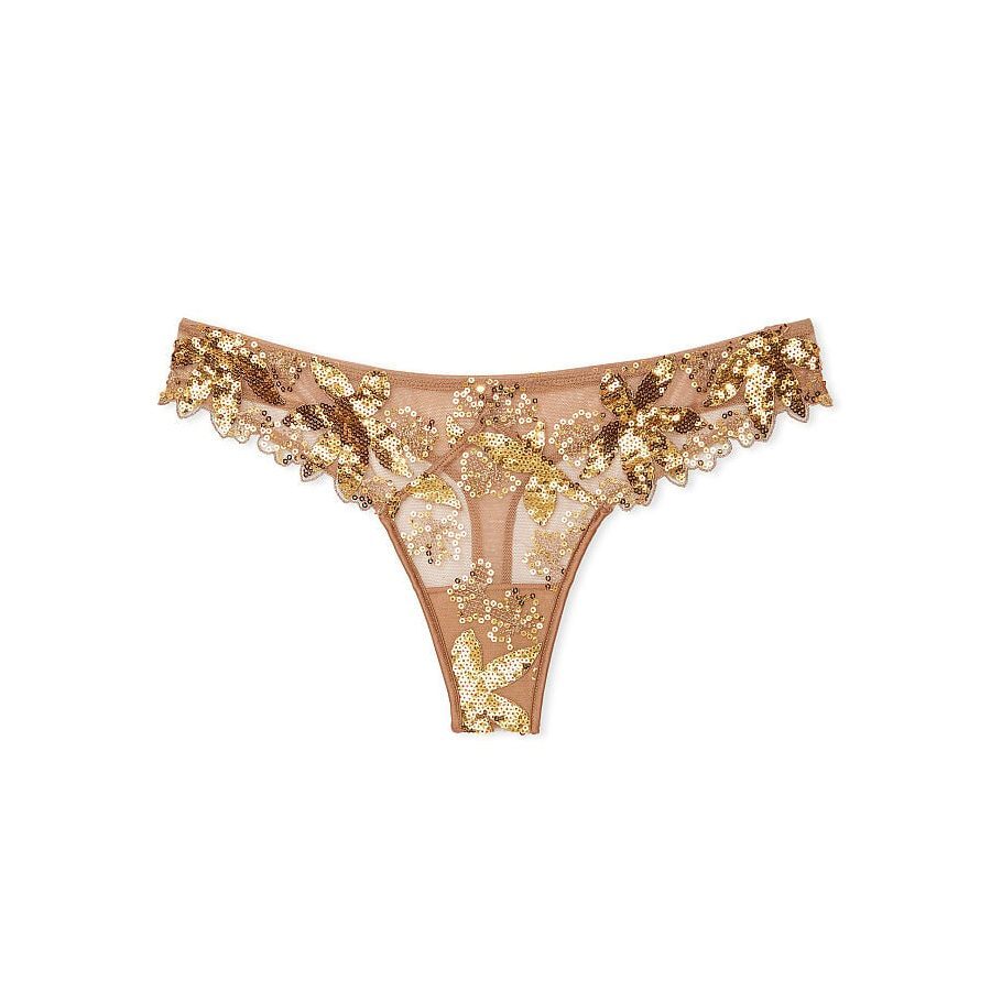 

Трусы Victoria's Secret Very Sexy Gold Sequined Ziggy Glam Floral Embroidery Thong, золотистый