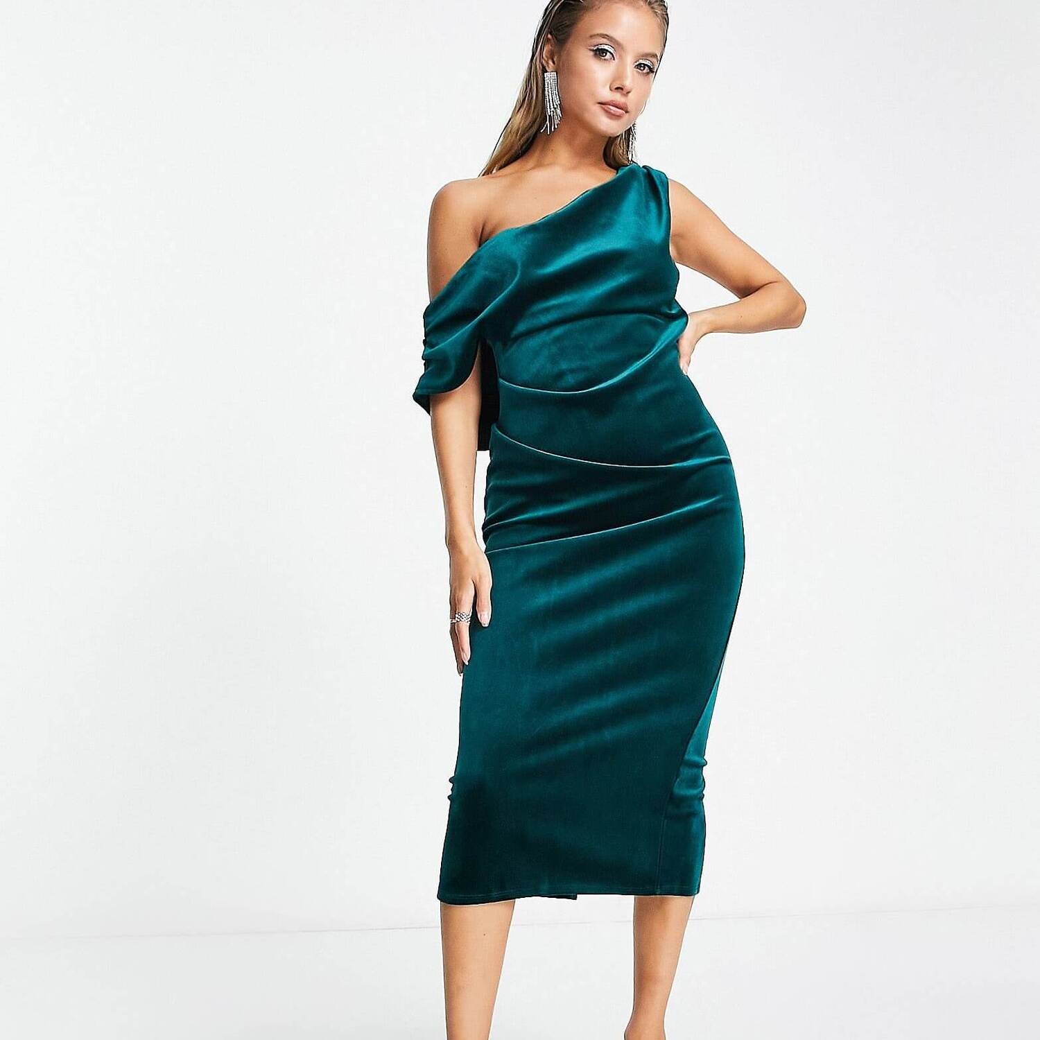 

Платье Asos Design Velvet Fallen Shoulder Pleat Back Midi, сине-зеленый