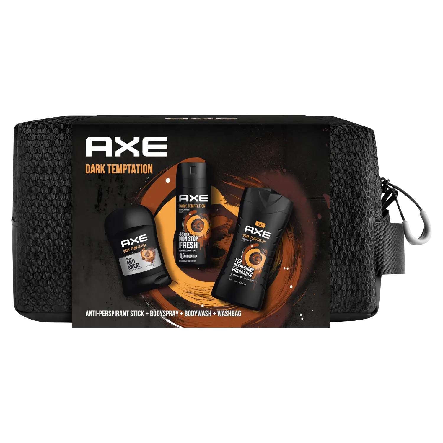 

Axe набор: гель для душа для мужчин, 250 мл + стик-антиперспирант для мужчин, 50 мл + парфюмированный дезодорант для тела для мужчин, 150 мл + косметичка, 1 шт.