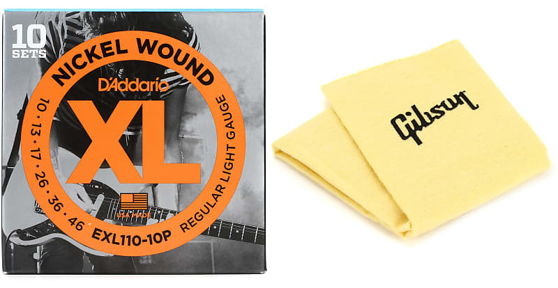 

Струны для электрогитары D'Addario EXL110 XL с никелевой обмоткой — .010–.046 Regular Light (10 шт.) Комплект с принадлежностями Gibson AIGG-925 Стандартная ткань для полировки