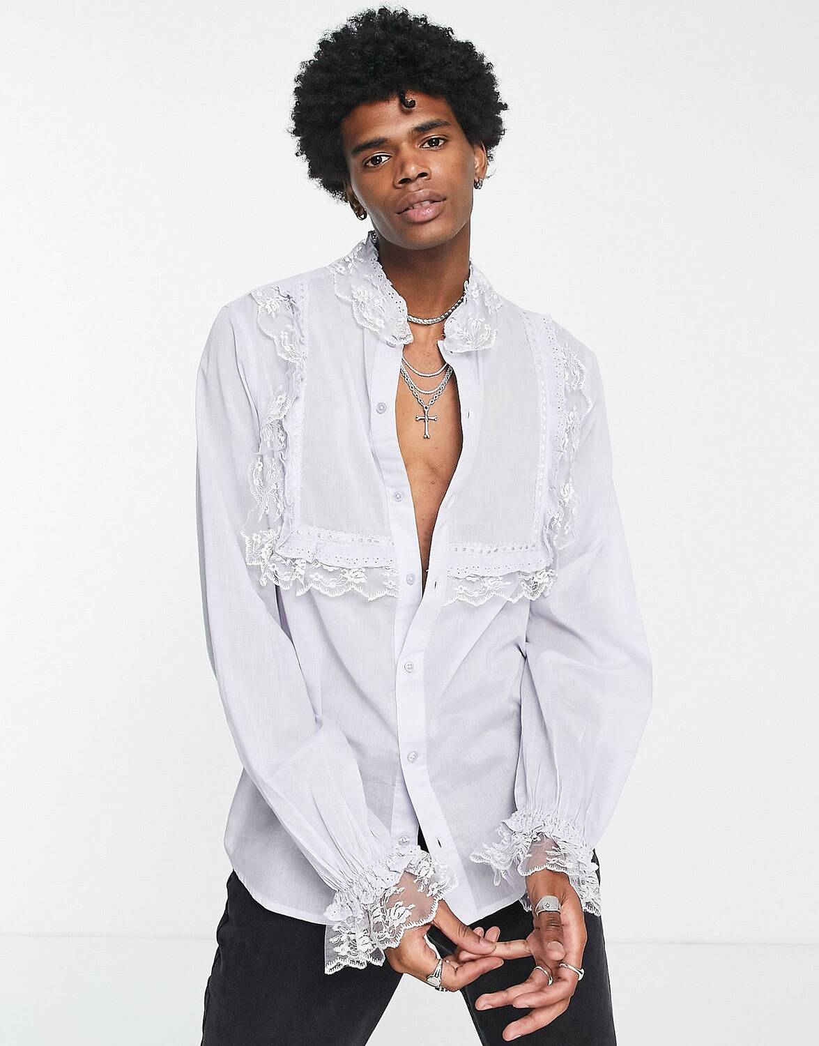 

Синяя хлопковая рубашка с кружевной окантовкой ASOS DESIGN