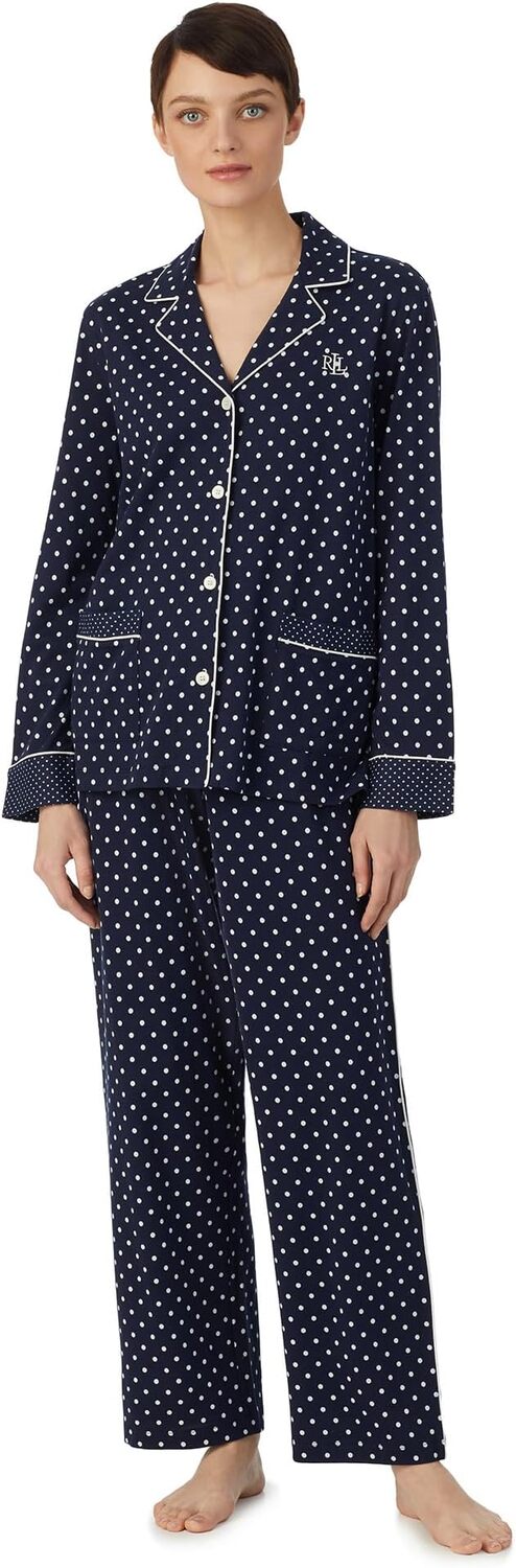 

Пижама Lauren Ralph Lauren Long Sleeve Pima Cotton Notch Collar PJ Set, цвет Navy Dot