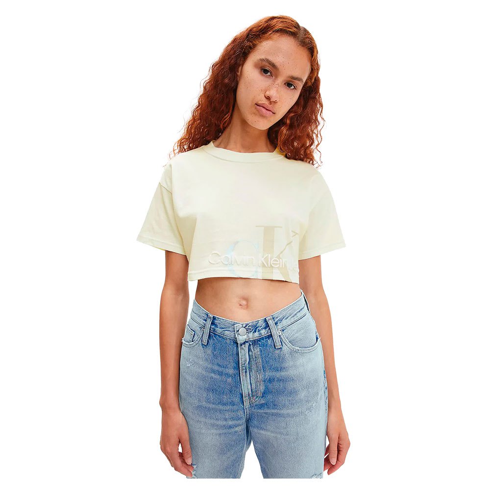 Футболка Calvin Klein Jeans Two Tone Monogram Cropped, бежевый стеганое пальто calvin klein бежевый