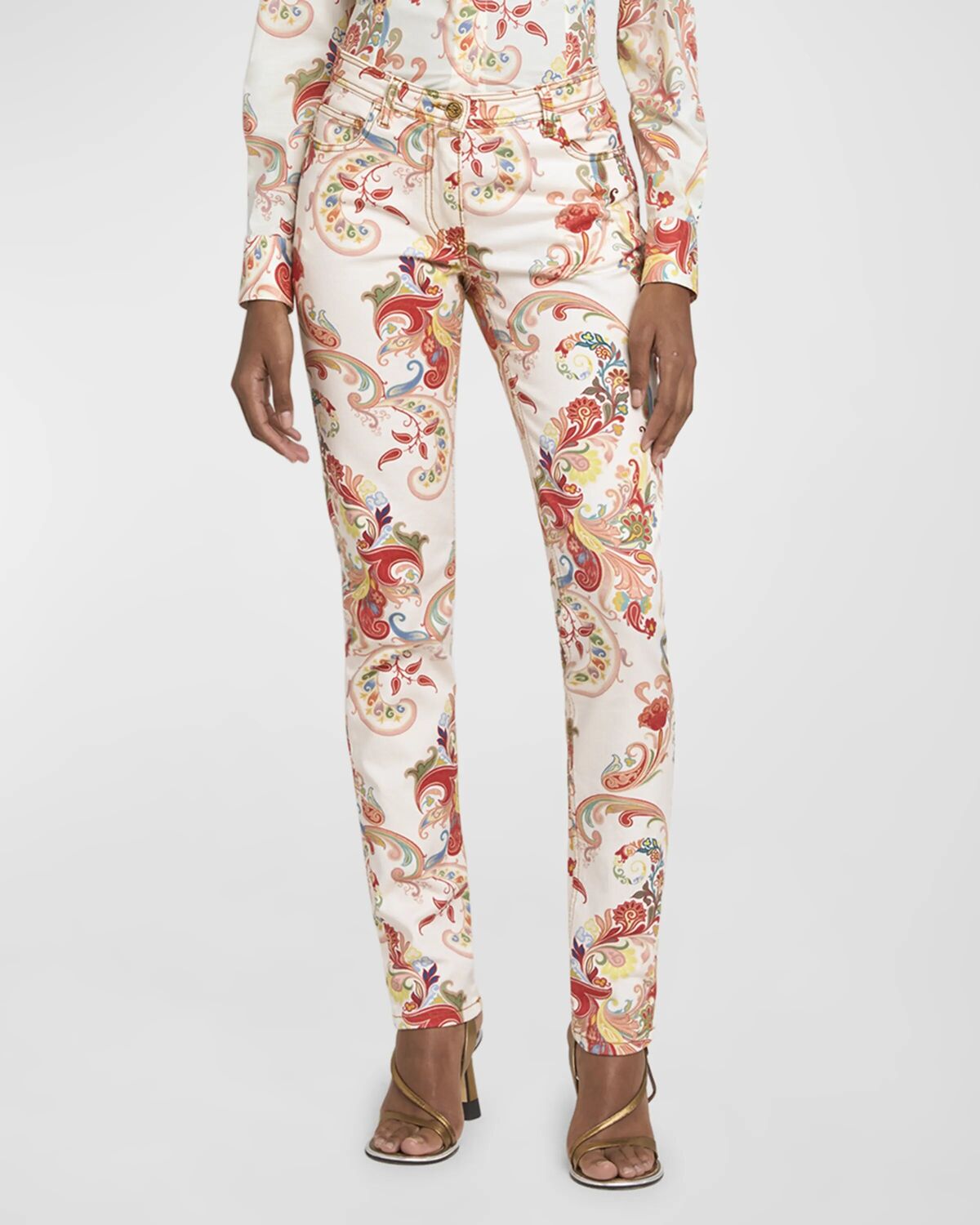 

Хлопковые джинсы скинни с принтом пейсли Etro, цвет Print On White Base