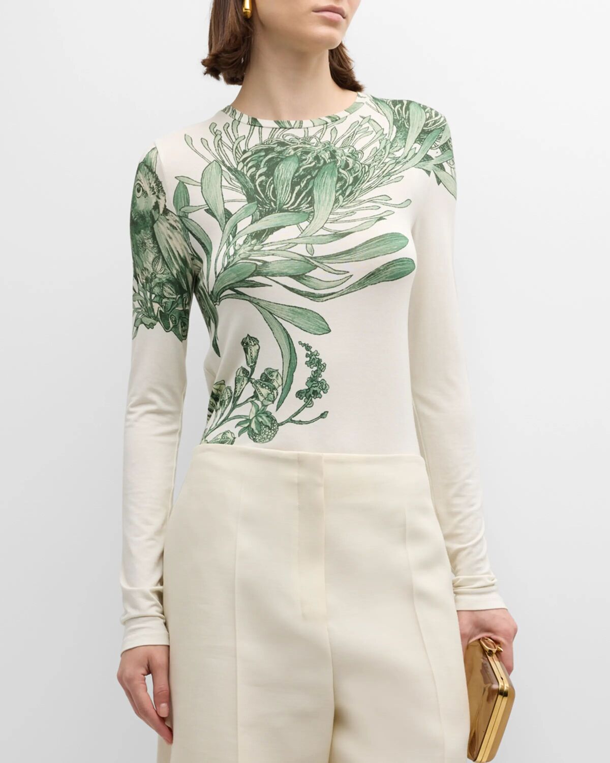 

Трикотажный топ с длинными рукавами с цветочным принтом Pincushion Jason Wu Collection, цвет Chalk Emerald