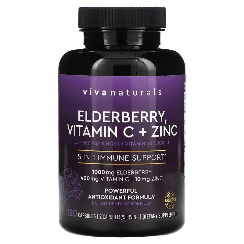 Бузина, витамин С + цинк, поддержка иммунитета 5 в 1 Viva Naturals, 120 капсул