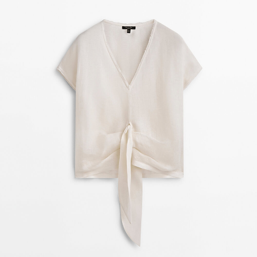 

Футболка из смесовой льняной ткани с узлом спереди Massimo Dutti, ванильный