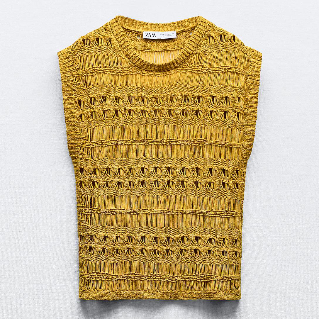 Топ Zara Knit Top With Slits, темно-желтый поло zara knit shirt with zip темно синий