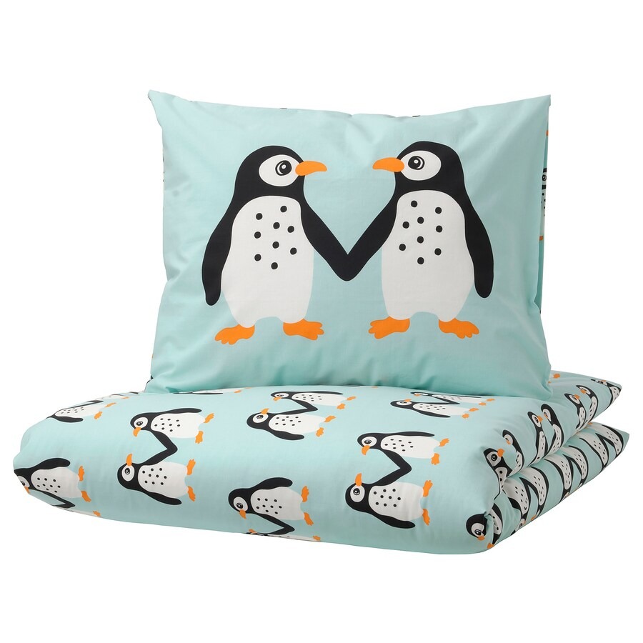 Постельное белье Ikea Blavingad Duvet Cover And Pillowcase Penguin Pattern, 150x200/50x60 см, бирюзовый
