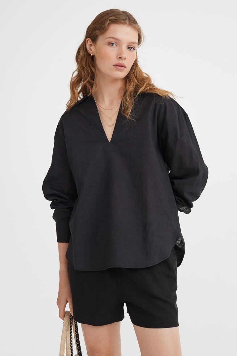 

Рубашка из смесового льна H&M, черный