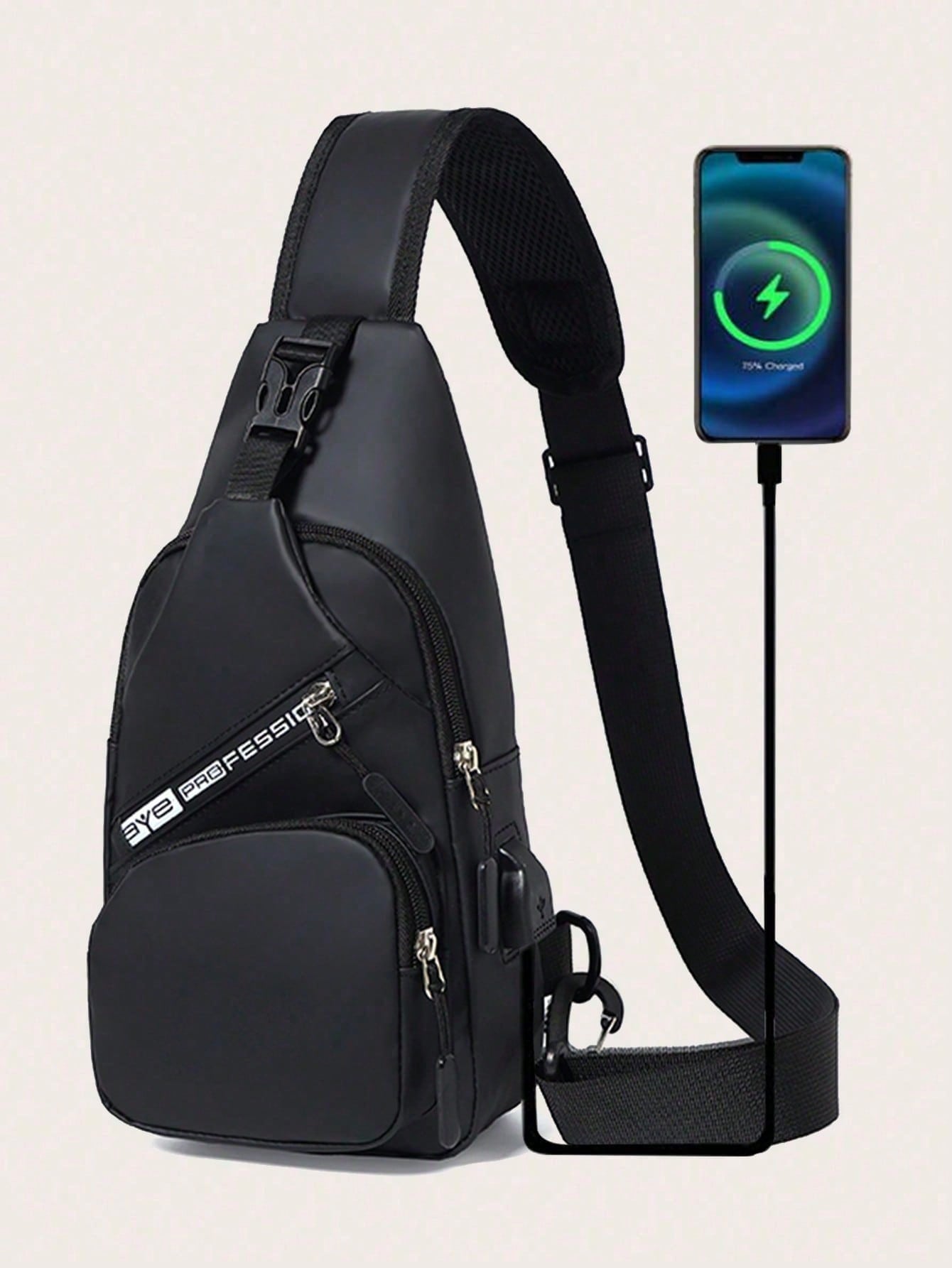 цена Мужская многофункциональная нагрудная сумка с USB-портом для зарядки, черный