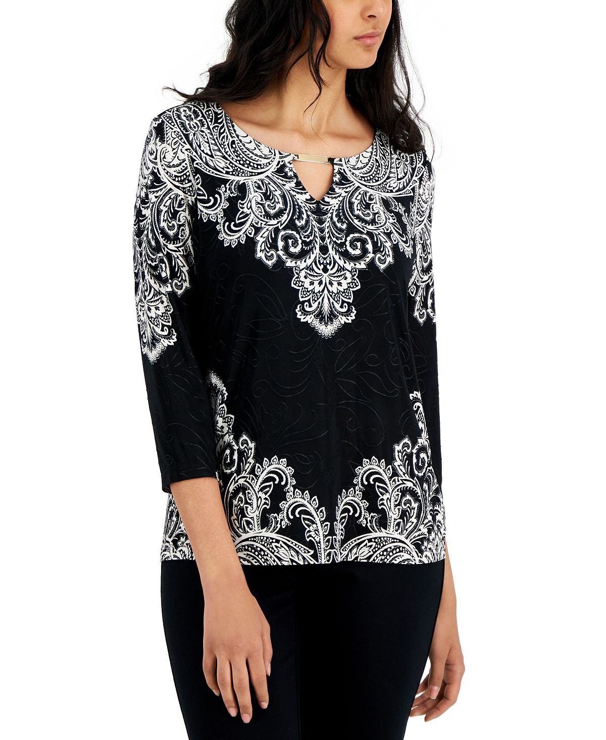 

Жаккардовый топ petite damask crown с каплевидным вырезом, созданный для macy's JM Collection, мульти