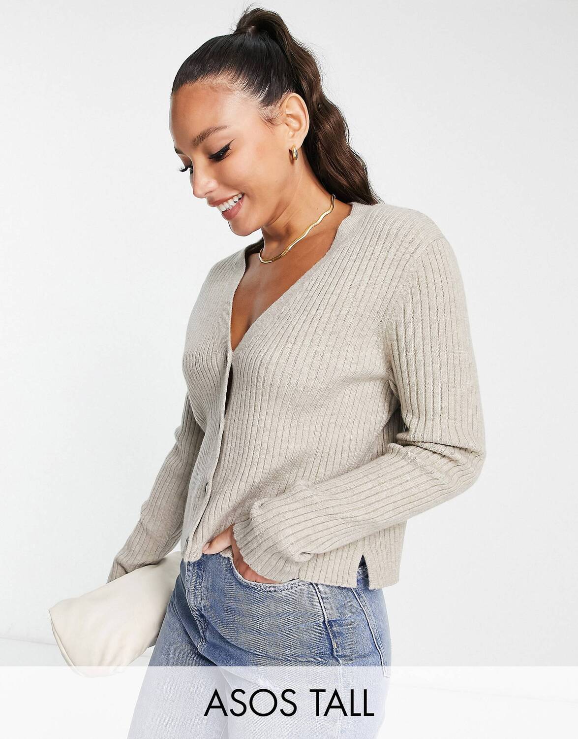 

Овсяный кардиган с v-образным вырезом ASOS DESIGN Tall, Серый