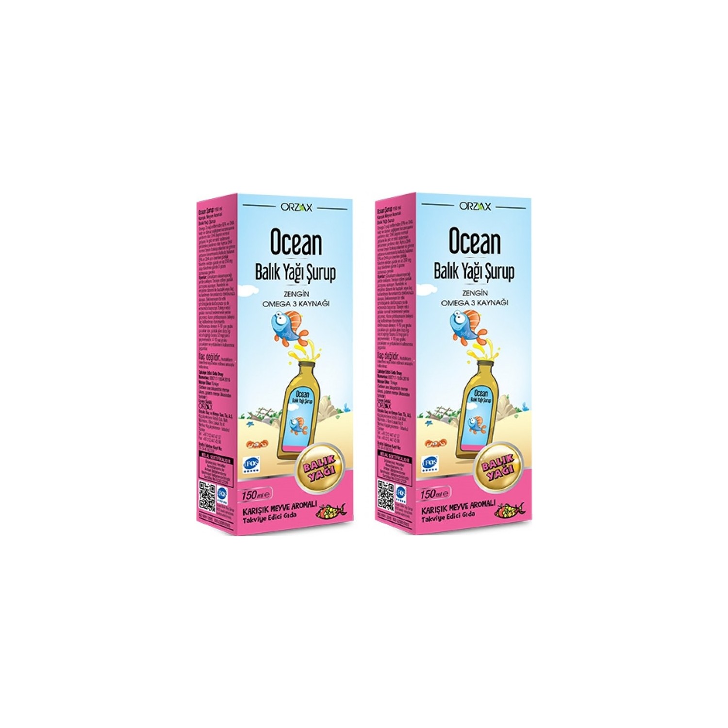 цена Сироп Orzax Ocean Fish Oil со смешанным фруктовым вкусом, 2 упаковки по 150 мл