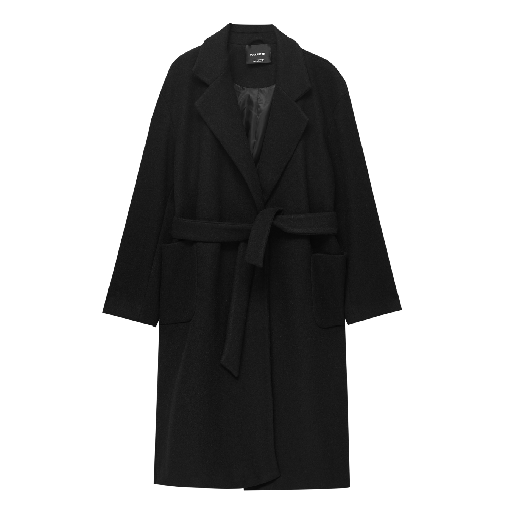 Пальто Pull&Bear Long Felt Texture With Belt, черный