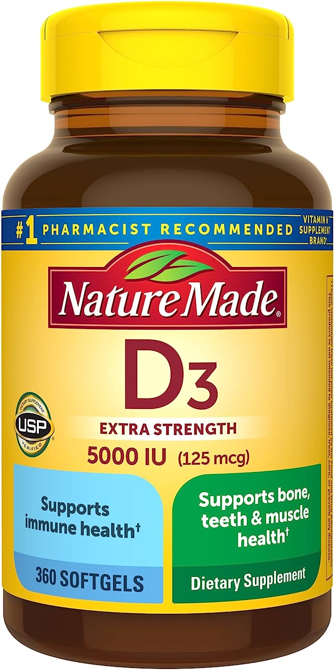 Витамин D3 повышенной силы Nature Made, 5000 МЕ (125 мкг), 360 мягких таблеток doctor s best витамин d3 125 мкг 5000 ме 360 мягких таблеток