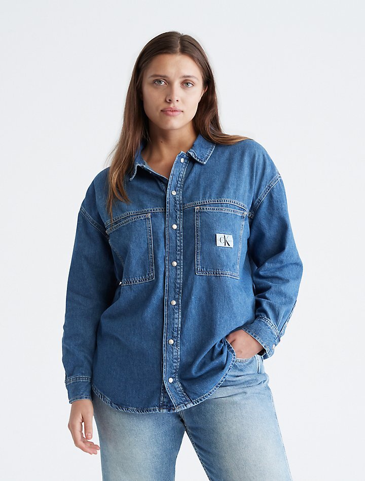 

Плюс размер Джинсовая куртка-рубашка в стиле милитари Calvin Klein, синий