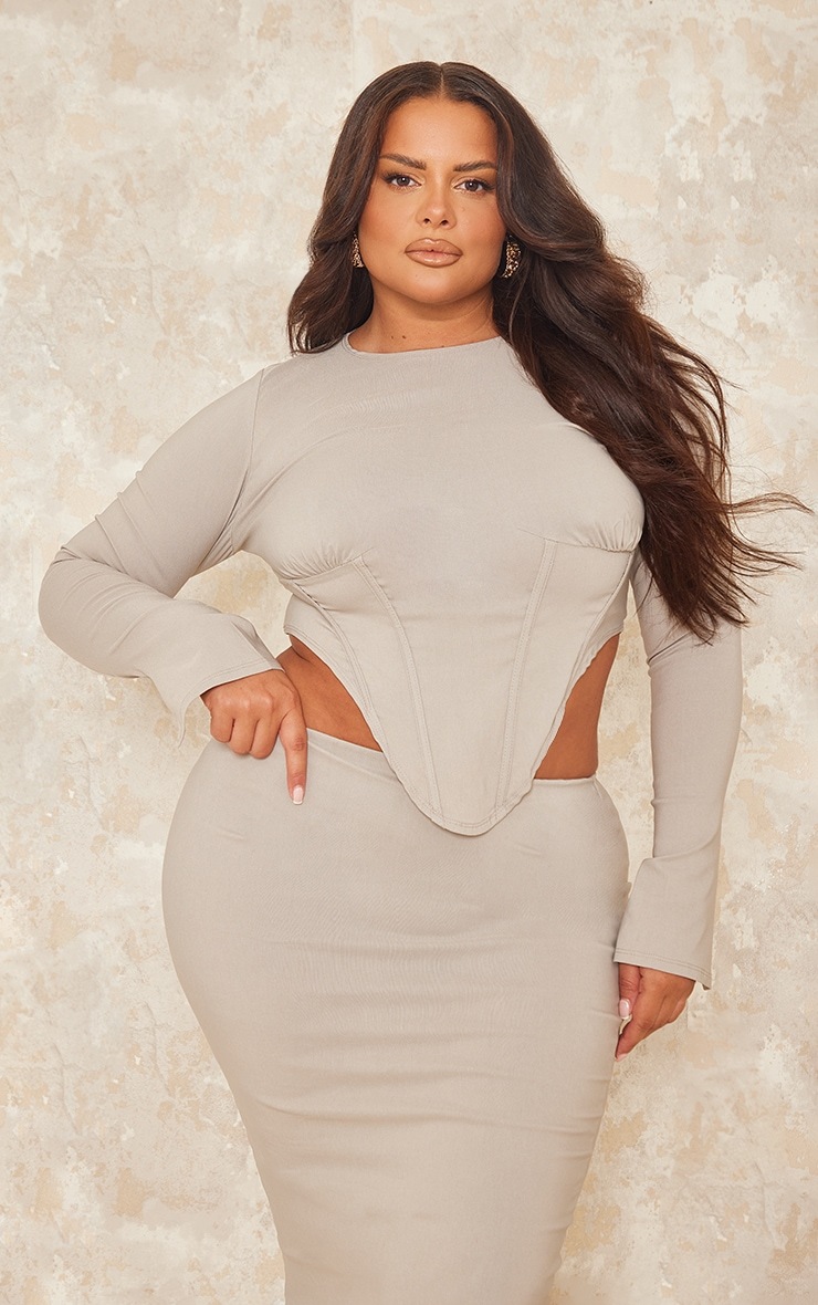 

PrettyLittleThing Топ-корсет из эластичной ткани с длинными рукавами Plus Moss Sand