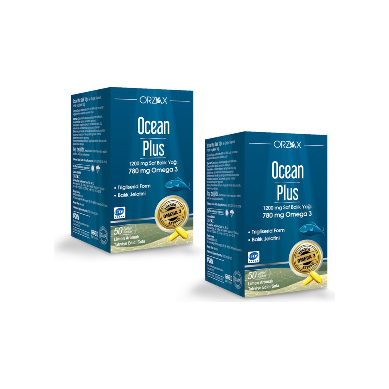 Омега-3 Plus Orzax Ocean 1200 мг со вкусом лимона, 2 упаковки по 50 капсул