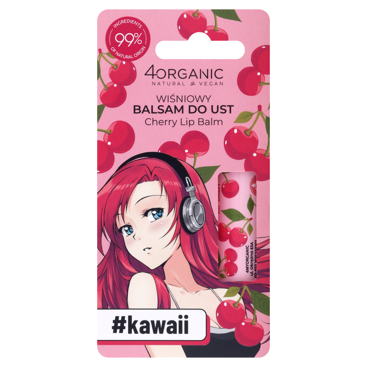 4Organic Kawaii натуральный бальзам для губ вишневый, 5 г