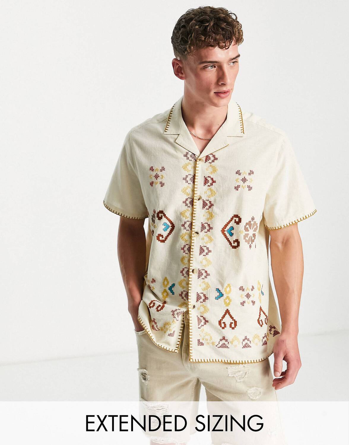 

Свободная рубашка revere из смесового льна с вышитой каймой ASOS DESIGN