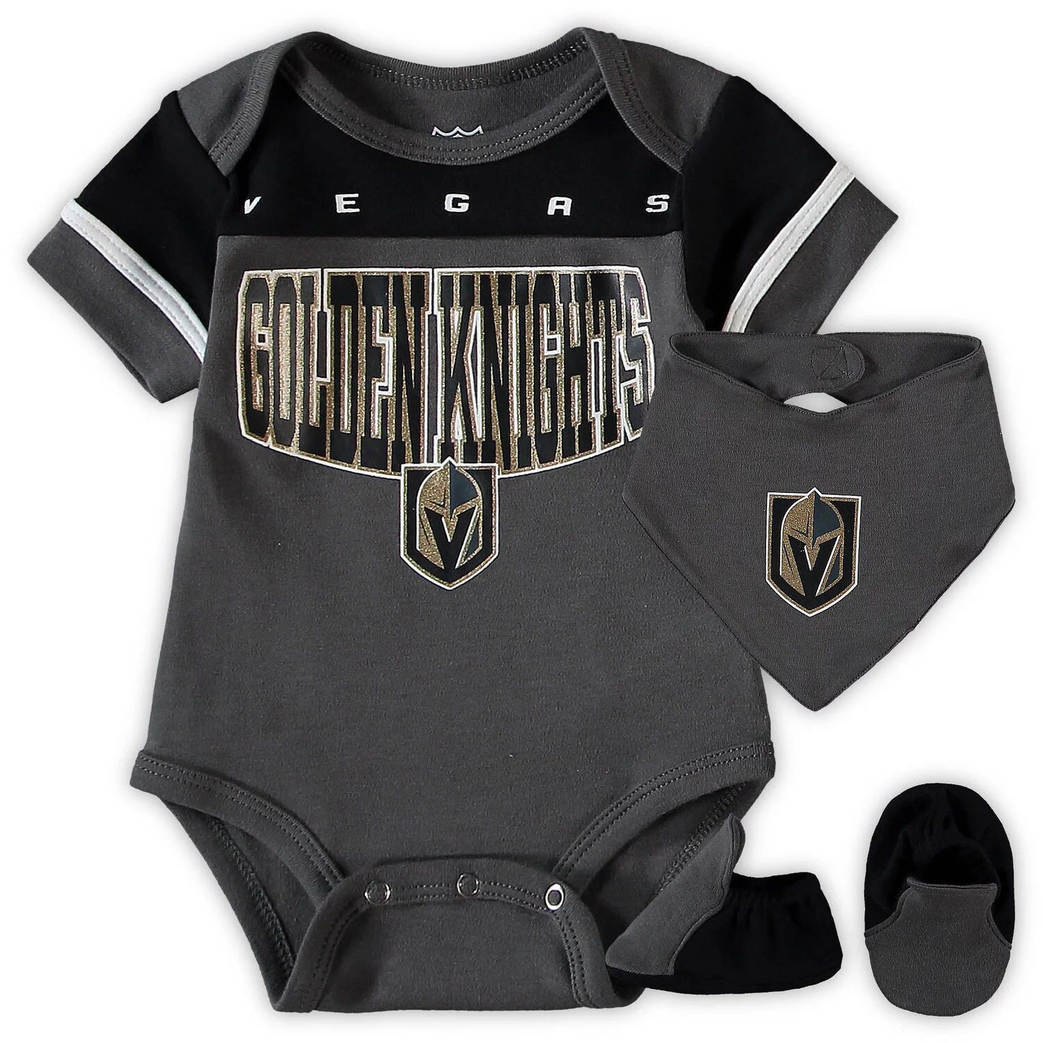 

Темно-угольный/черный комплект для новорожденных и младенцев Vegas Golden Knights Puck Happy, боди с нагрудником и пинетками Outerstuff