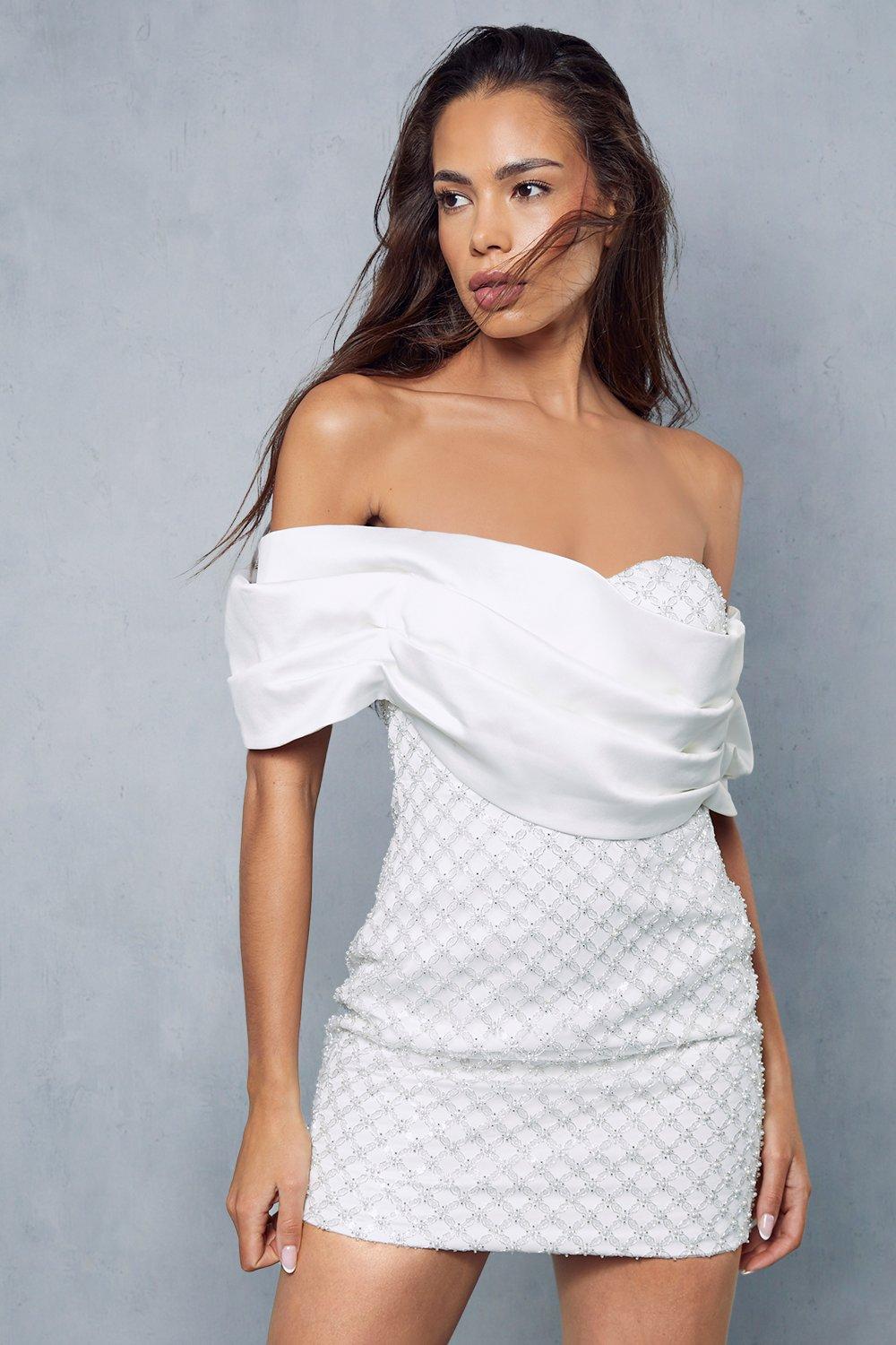 цена Украшенное мини-платье премиум-класса с открытыми плечами и открытыми плечами MISSPAP, белый