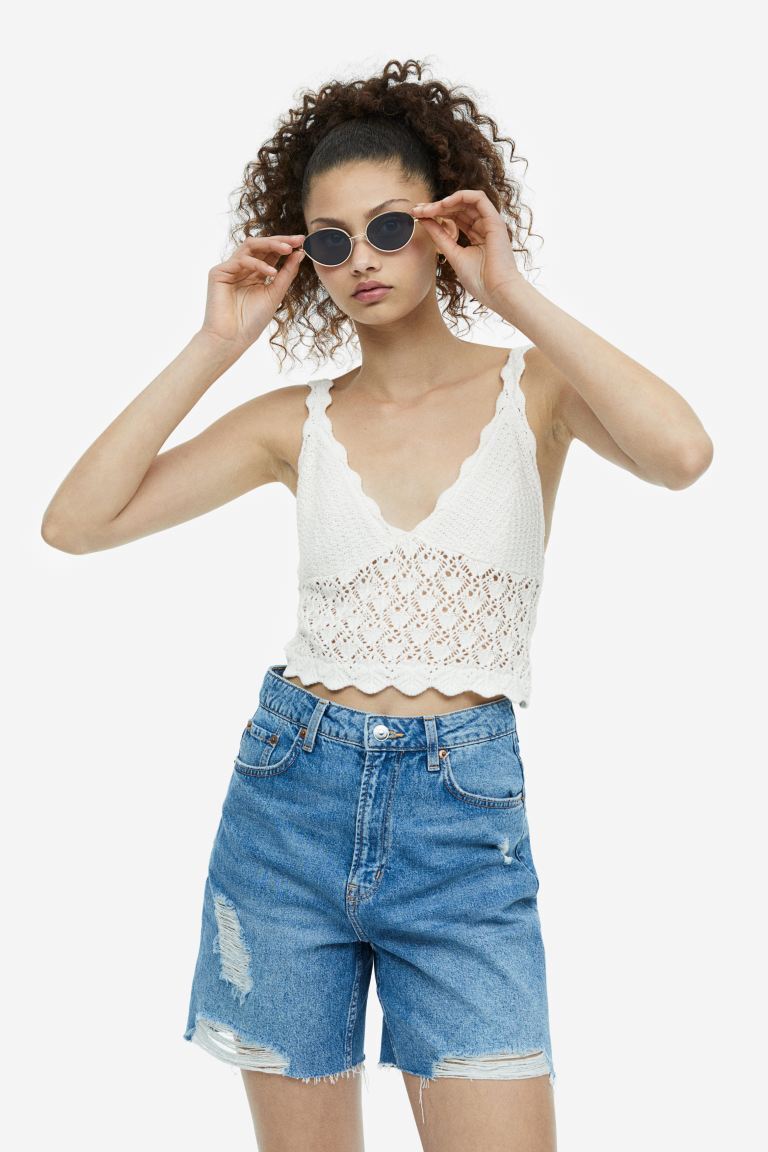 

Вязаный топ с дырками, имитация вязания крючком H&M, крем