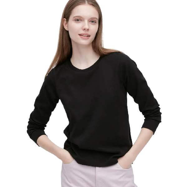 Лонгслив Uniqlo Smooth Stretch Cotton, черный новинка осень зима 2022 женские рубашки модная свободная футболка с круглым вырезом и длинным рукавом женский топ с принтом