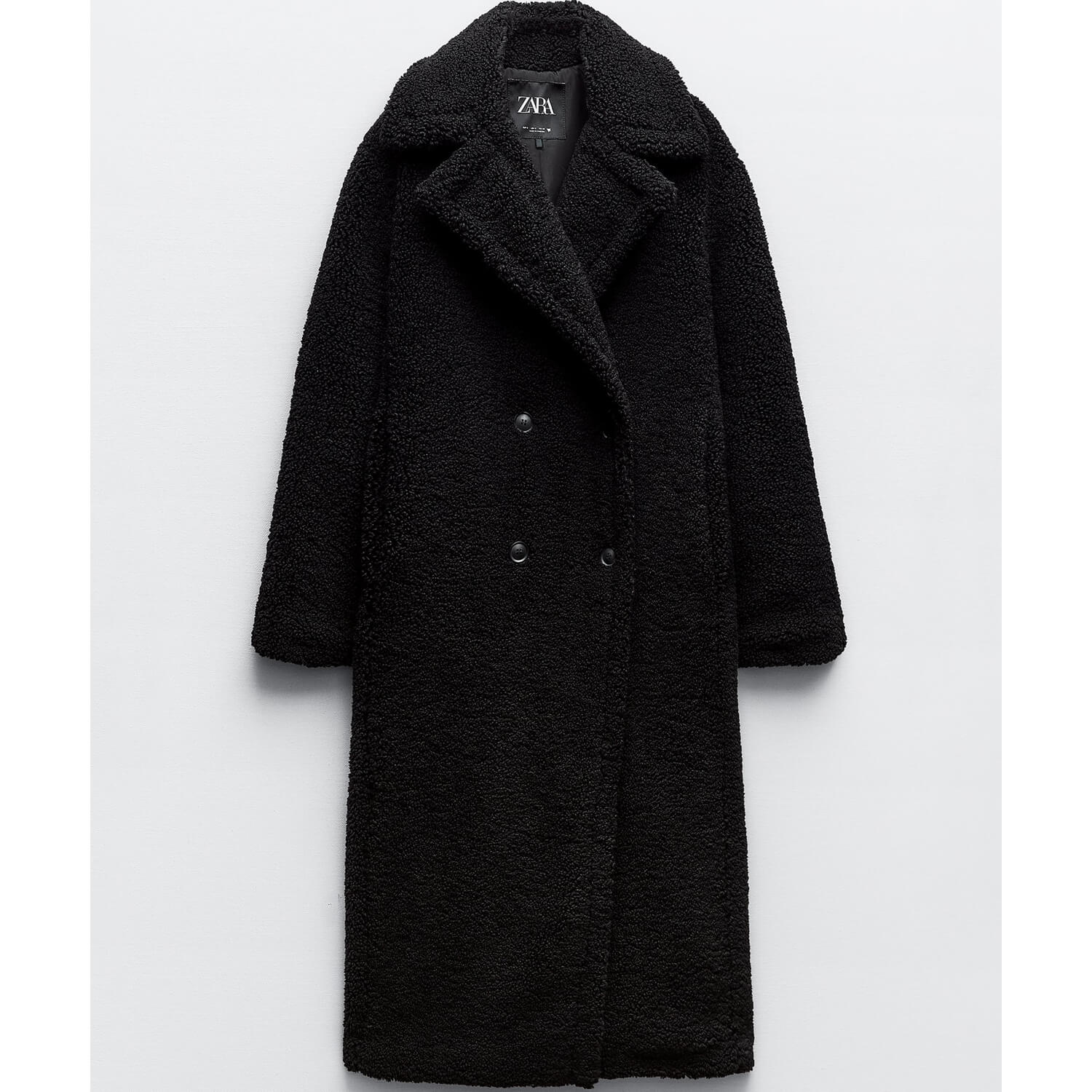 женское длинное шерстяное пальто элегантное двубортное пальто с лацканами модный новый зимний повседневный блейзер 2022 Пальто Zara Extra-Long Faux Shearling, черный