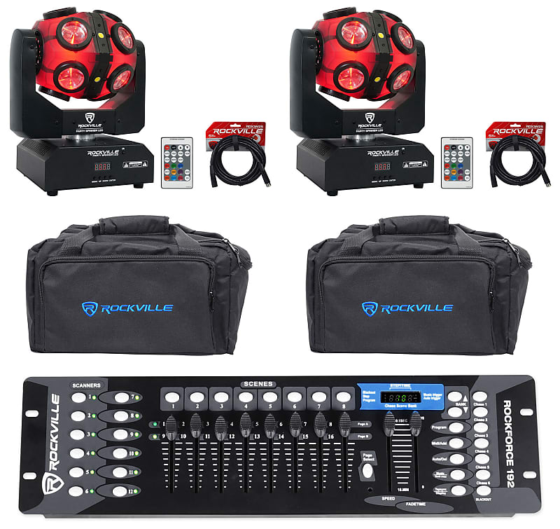 (2) Rockville Party Spinner LED Moving Head DJ Lights + DMX Controller + Bags + Cables (2) PARTY SPINNER LED+ROCKFORCE+RLB80