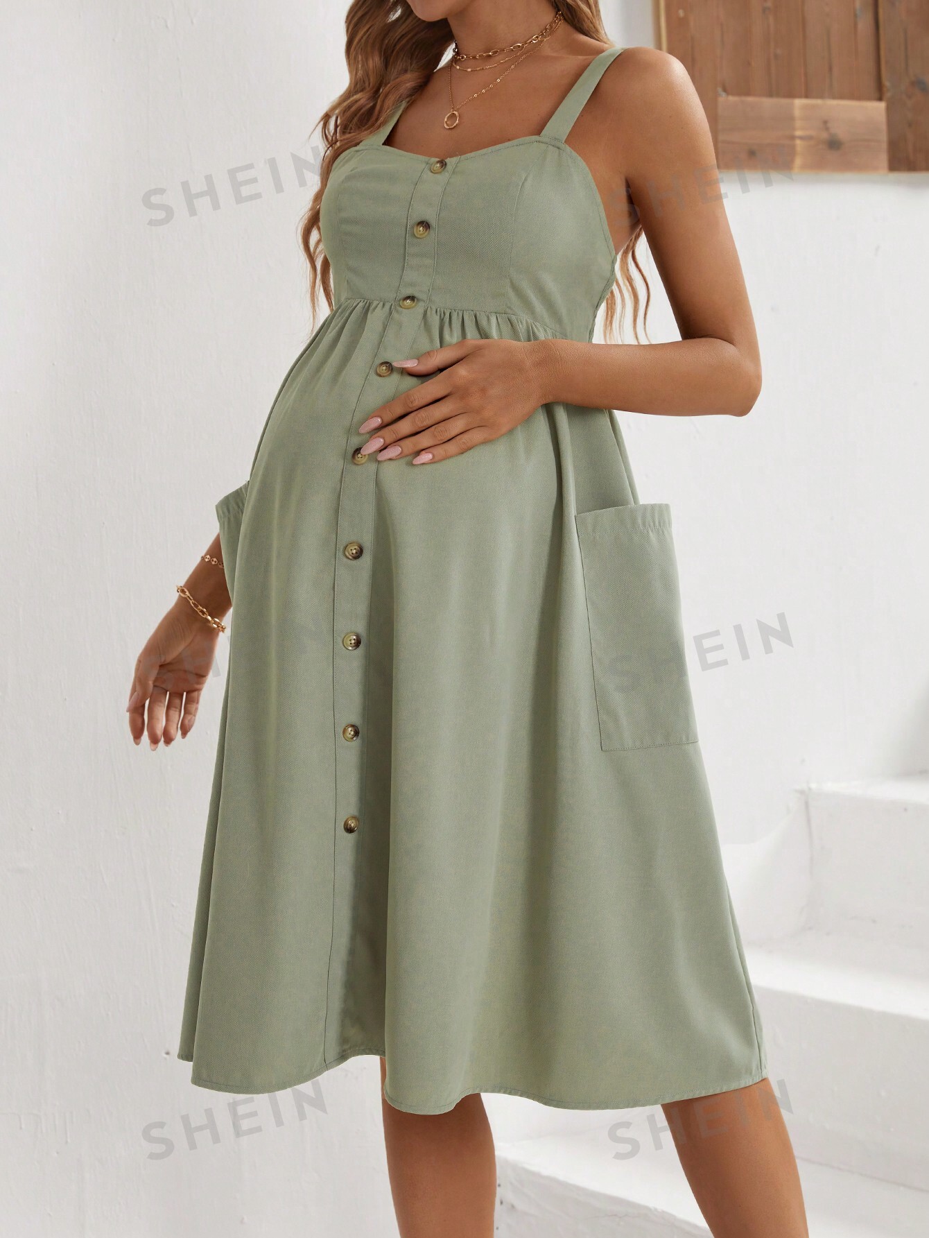 SHEIN Элегантное платье миди без рукавов на пуговицах спереди для беременных для офисных женщин, зеленый