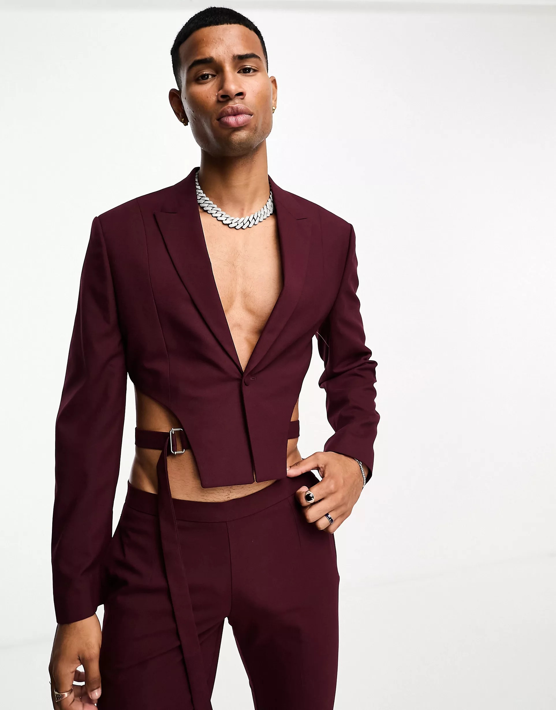 Пиджак Asos Design Skinny V-hem Supercrop Belted Suit, бордовый