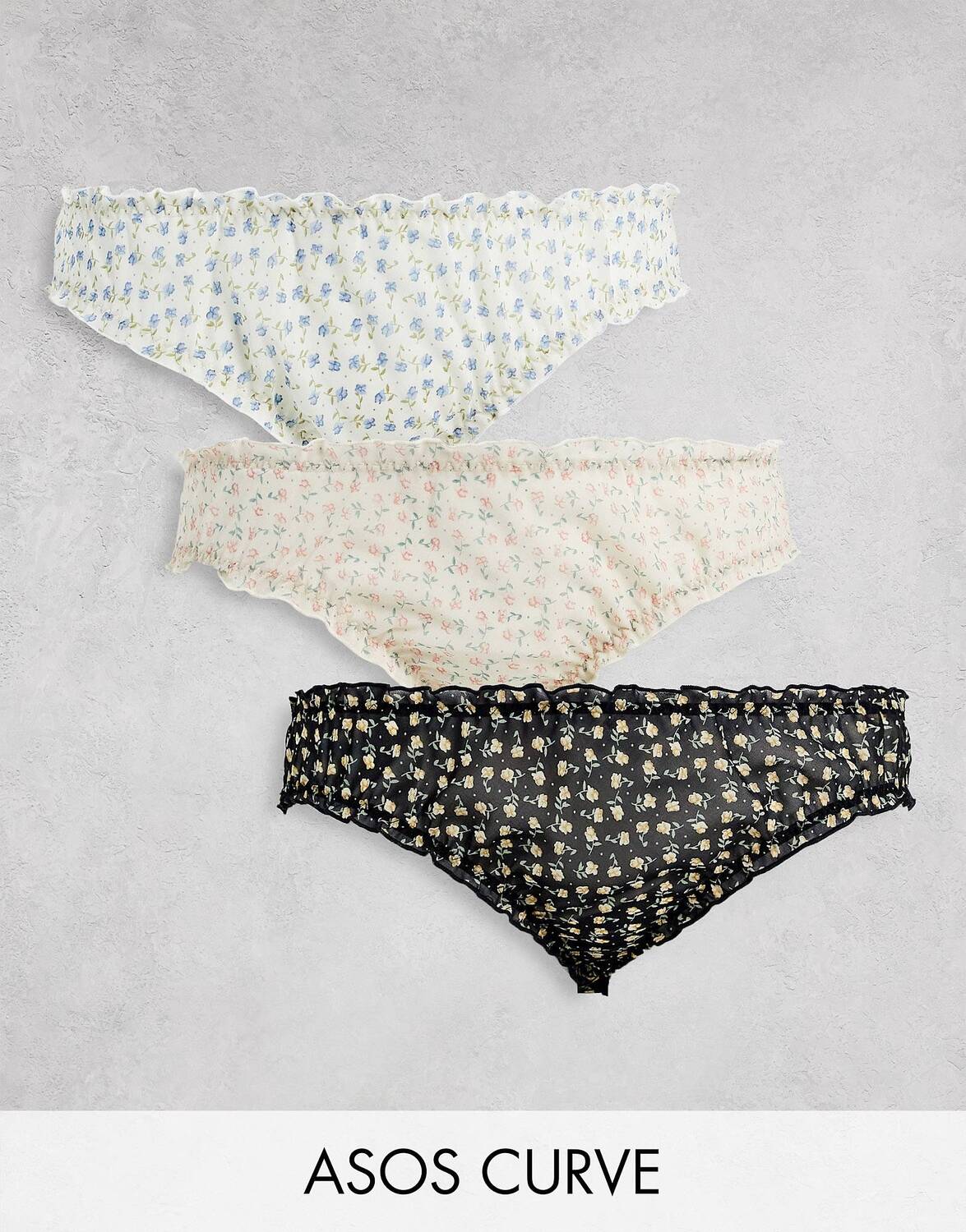 

3 пары бразильских трусов с оборками ASOS DESIGN Curve с цветочным принтом