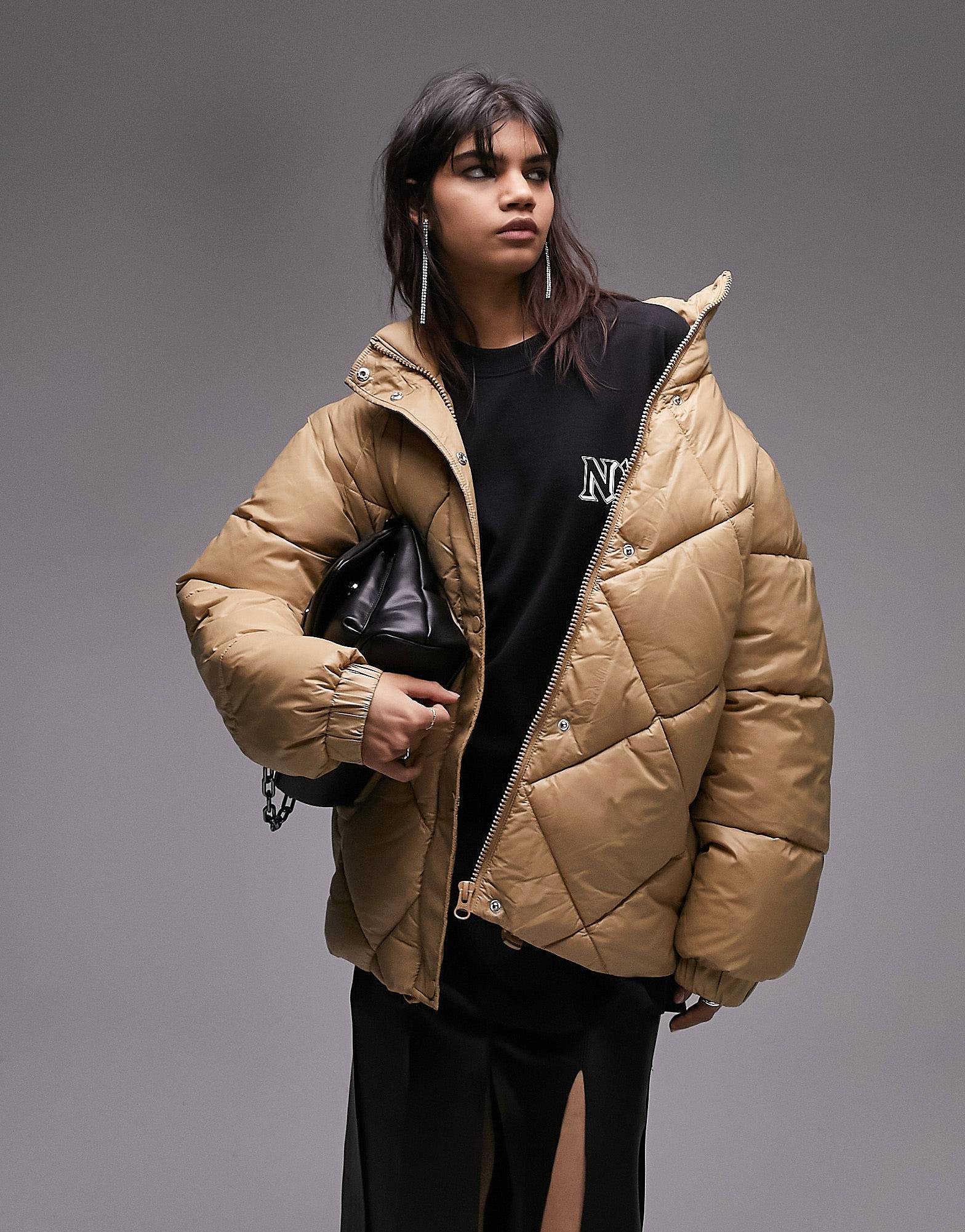 

Карамельный пуховик средней длины Topshop с мокрым эффектом и рукавами на молнии, Серый