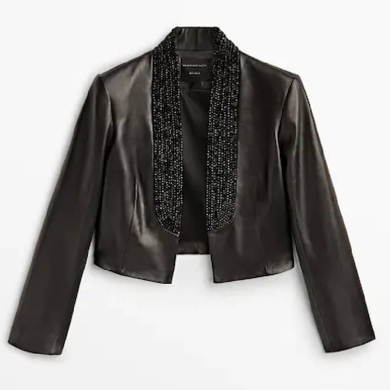 

Блейзер Massimo Dutti Short Beaded Leather, черный