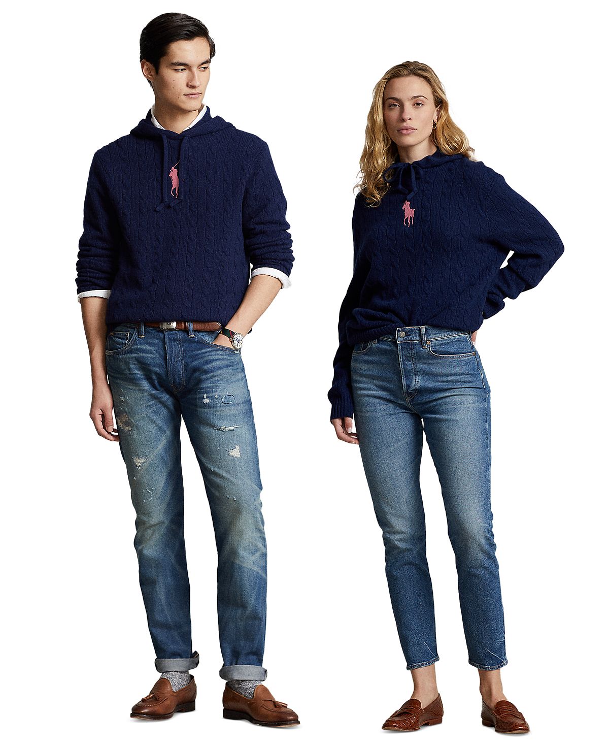 

Унисекс розовый кашемировый свитер с капюшоном и узором пони Polo Ralph Lauren, синий