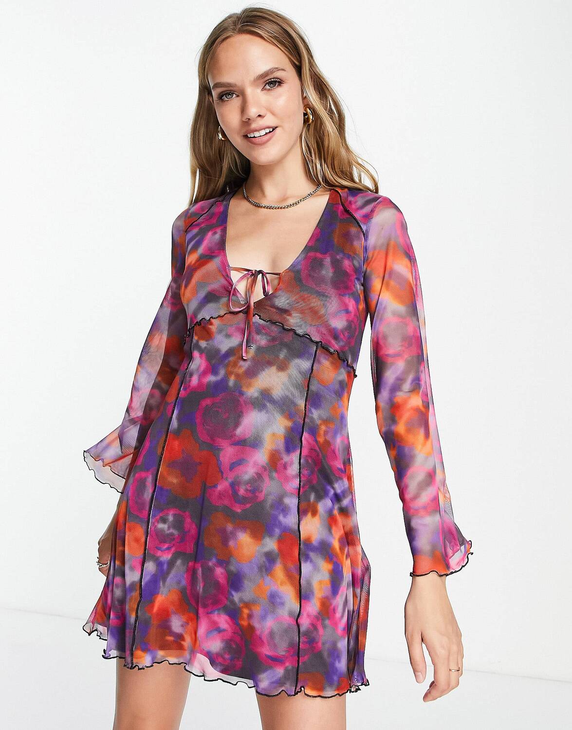 

Розово-розовое мини-платье в сеточку Topshop, Розовый