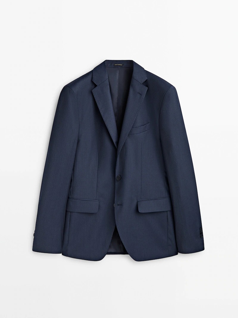 

Стильный шерстяной пиджак в тонкую полоску Massimo Dutti, темно-синий