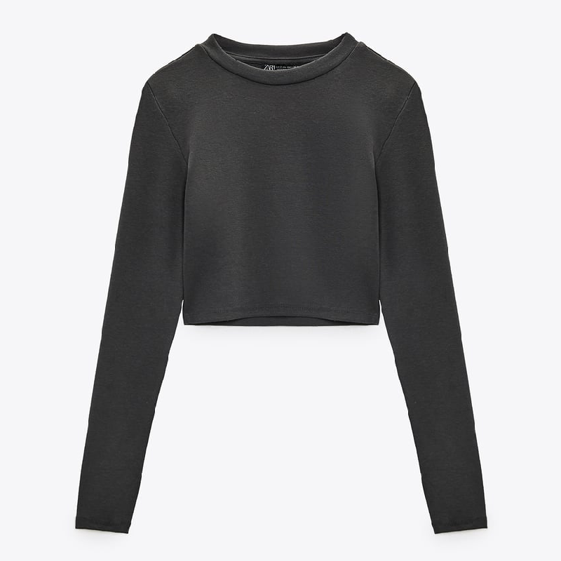 

Лонгслив Zara Cropped, серо-коричневый