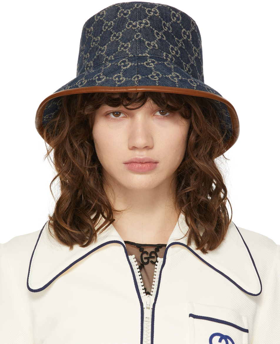 

Сине-коричневая парусиновая шляпа-ведро с узором GG Gucci