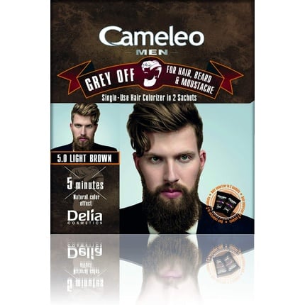 

Cameleo Men Color Cream Светло-коричневый Серый OFF Одноразовый краситель для волос Борода Усы Легкое нанесение 5 минут Эффект естественного цвета 0% парабенов — упаковка из 2 шт.