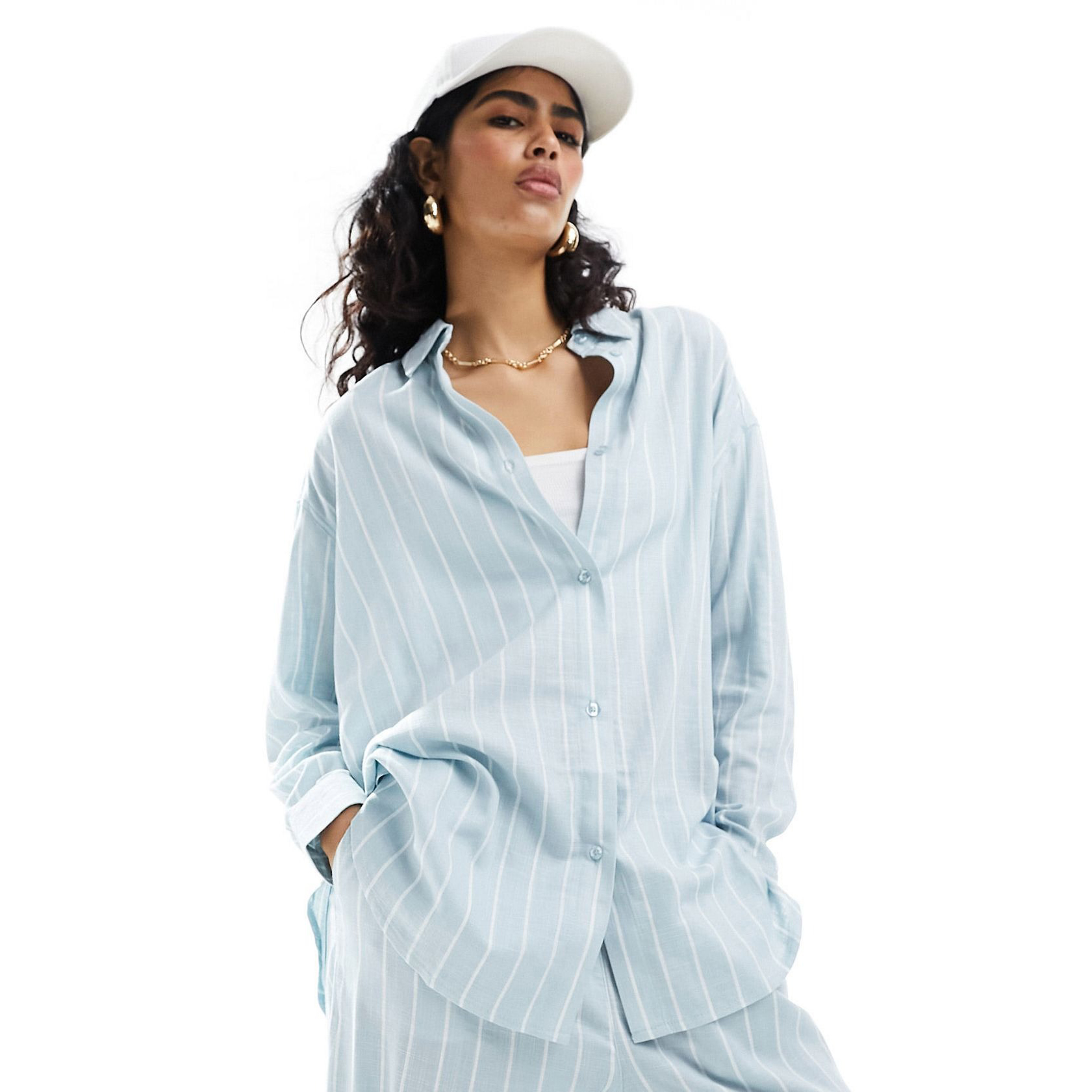 Рубашка Asos Design Stripe Relaxed With Linen, голубой