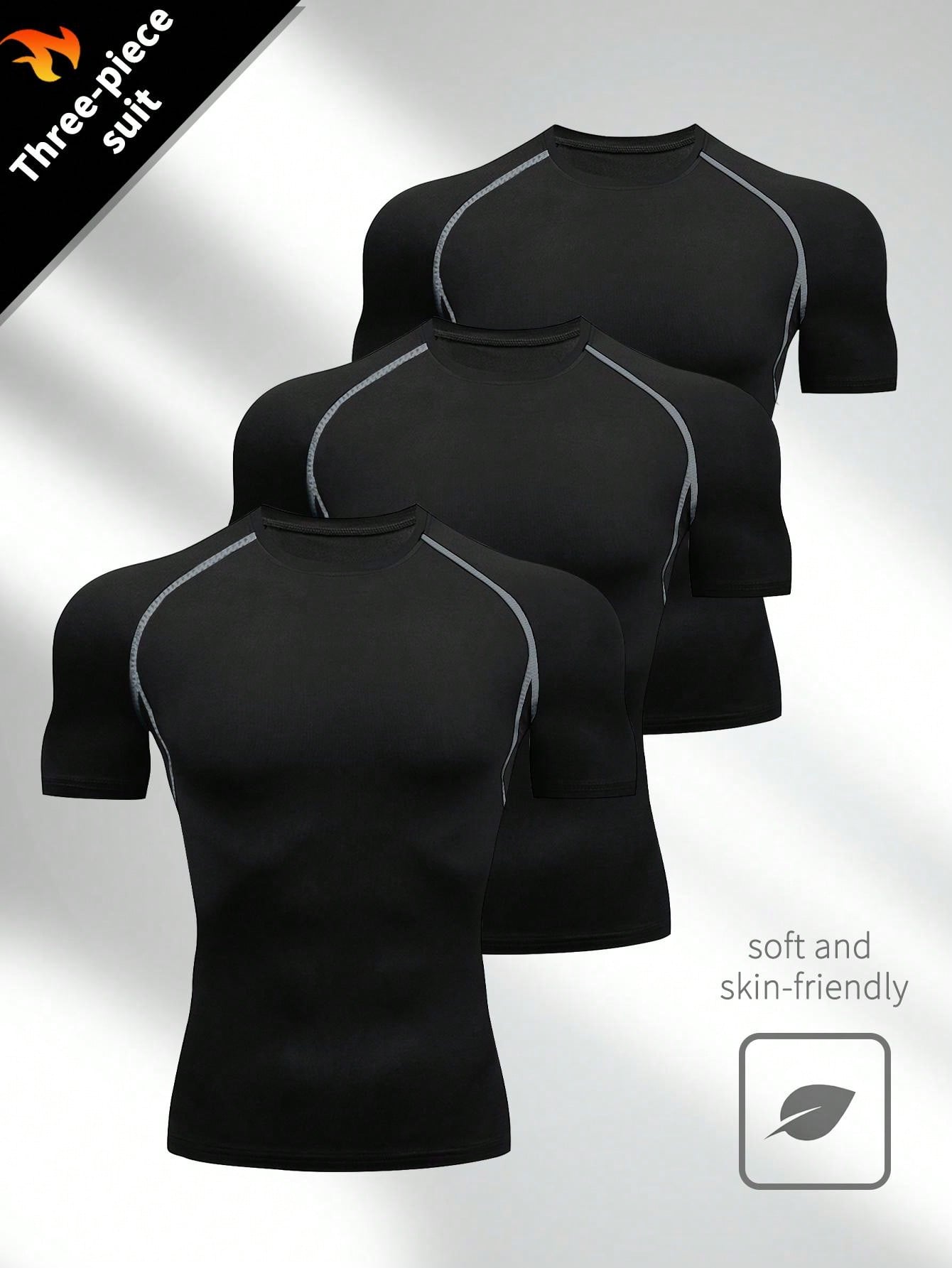3 шт. Мужская компрессионная базовая футболка с короткими рукавами, темно-серый фото
