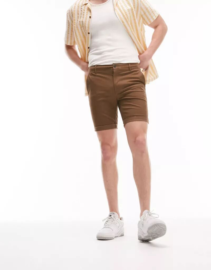 

Коричневые шорты чинос скинни Topman