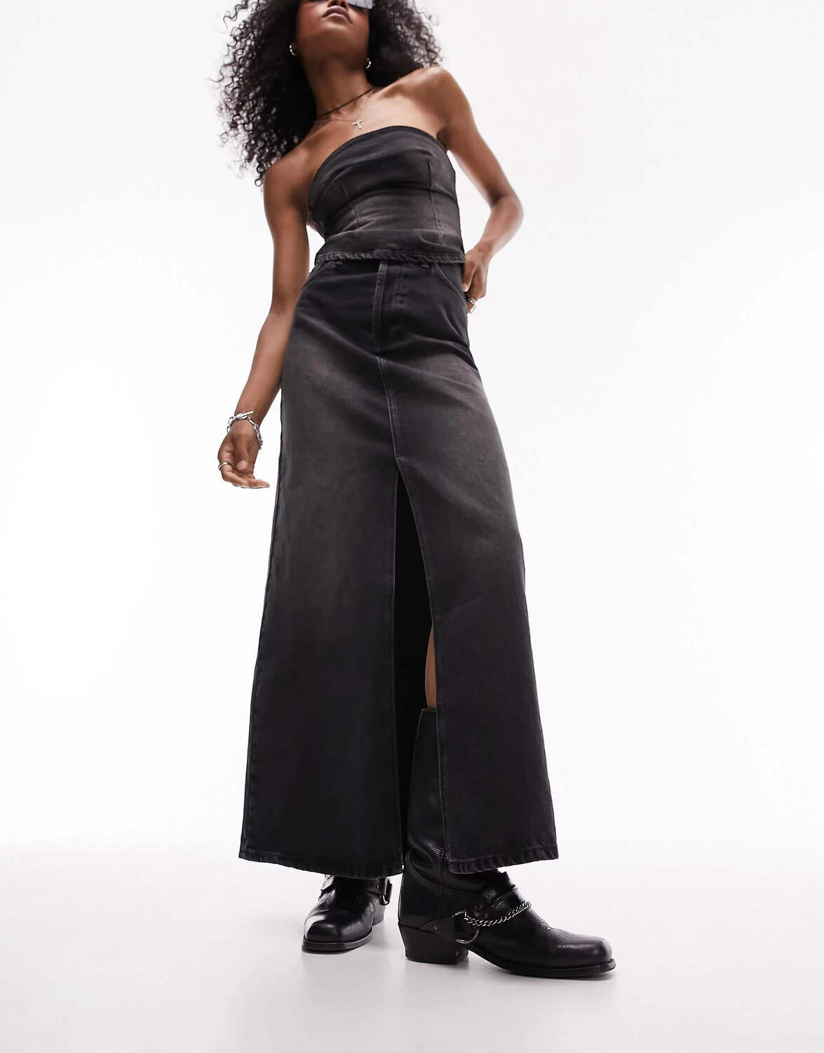 

Юбка Topshop Co Ord Denim Double Split Maxi, черный