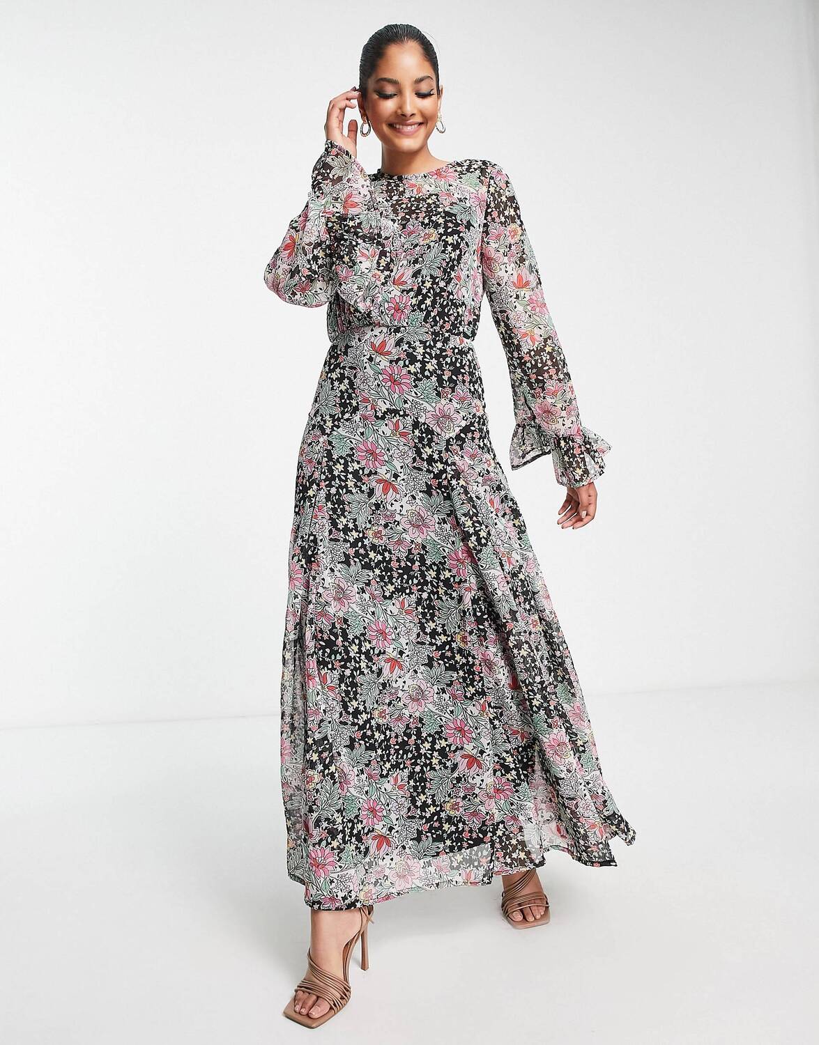 

Платье макси с гофрированными рукавами ASOS DESIGN и цветочным принтом ASOS DESIGN