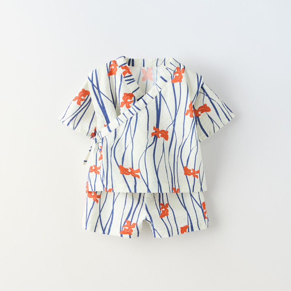 Комплект кимоно + шорты Zara Carp Print Jinbei, 2 предмета, светло-бежевый