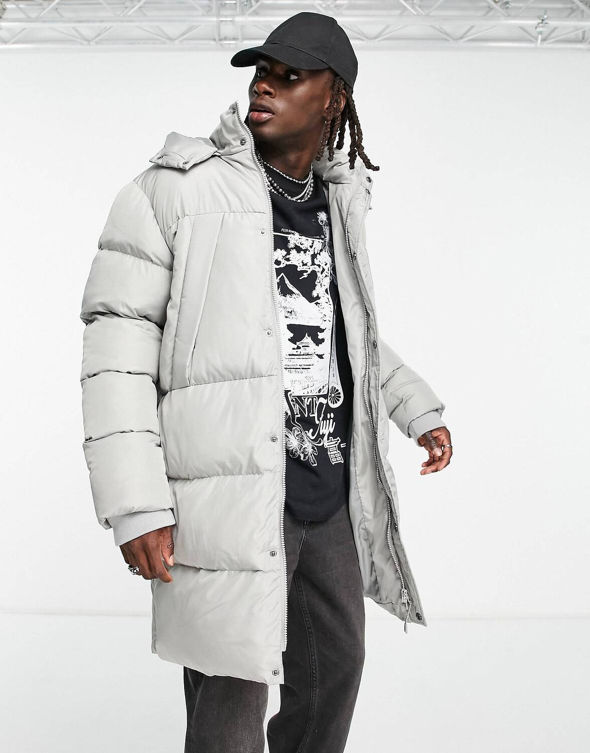 

Серый удлиненный пуховик со съемным капюшоном ASOS DESIGN