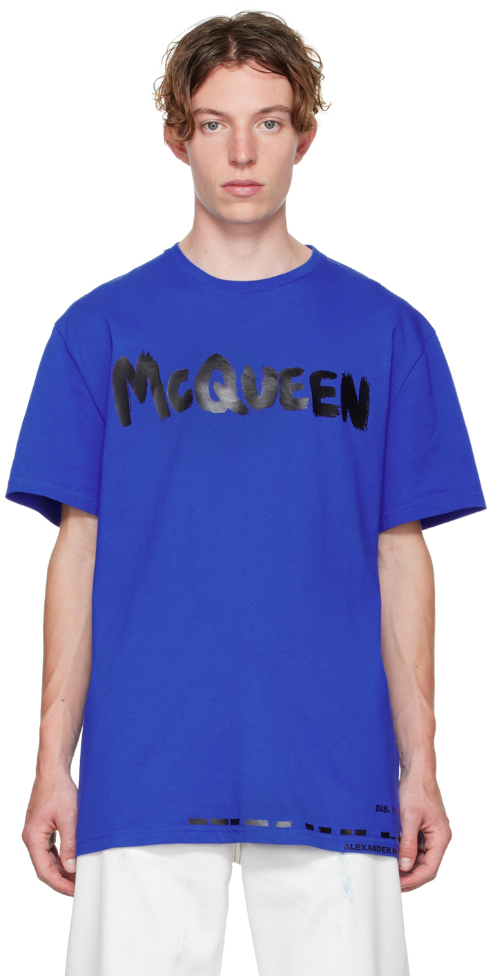 

Синяя футболка с граффити Alexander McQueen, Синий